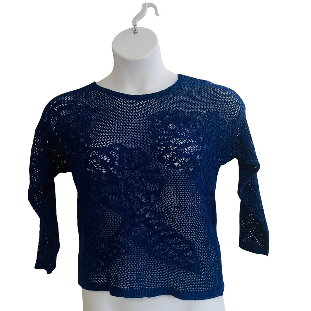 Womens Coastal Fisherman Crochet Open Knit Sweater XL Mesh Linen Blend Mesh Blue